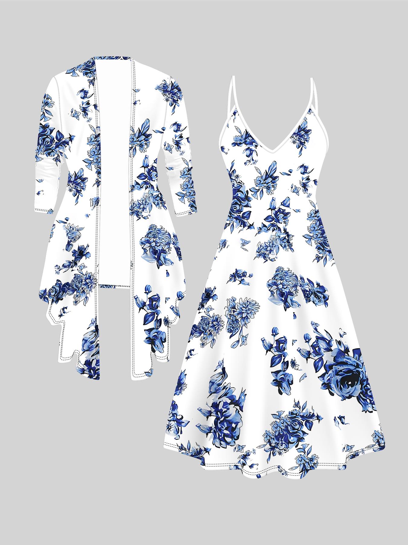 

Комплект сукні та пальто з 3D квітковим візерунком для Дня святого Валентина, ексцентричний класичний тотемний модний принт, підходить для різних сцен, модні стилі XXL темно-синього кольору