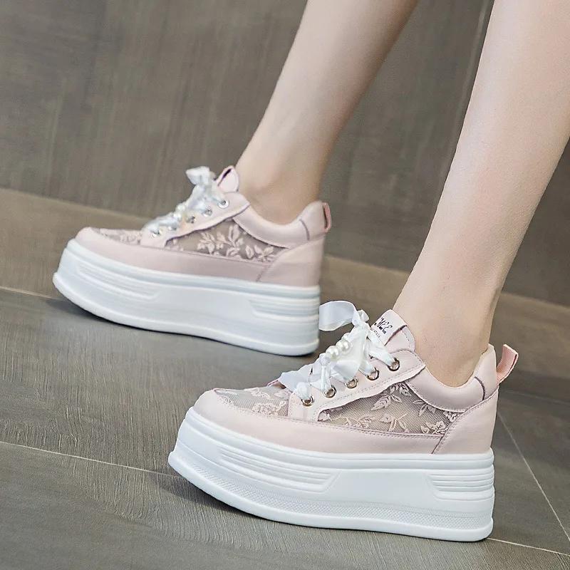 

8 см сетчатые кружевные туфли из натуральной кожи с синтетическим толстым каблуком, удобные босоножки на платформе, дышащие туфли-лодочки, летняя вулканизированная весенняя обувь 34