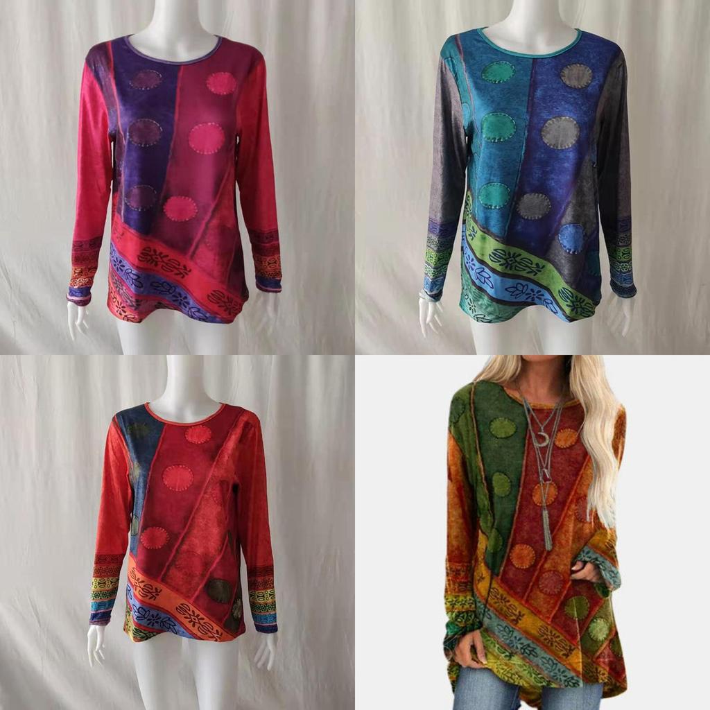 Plus Size Womens Hippie Boho Long Sleeve Tops With Soft Material And Floral Pattern