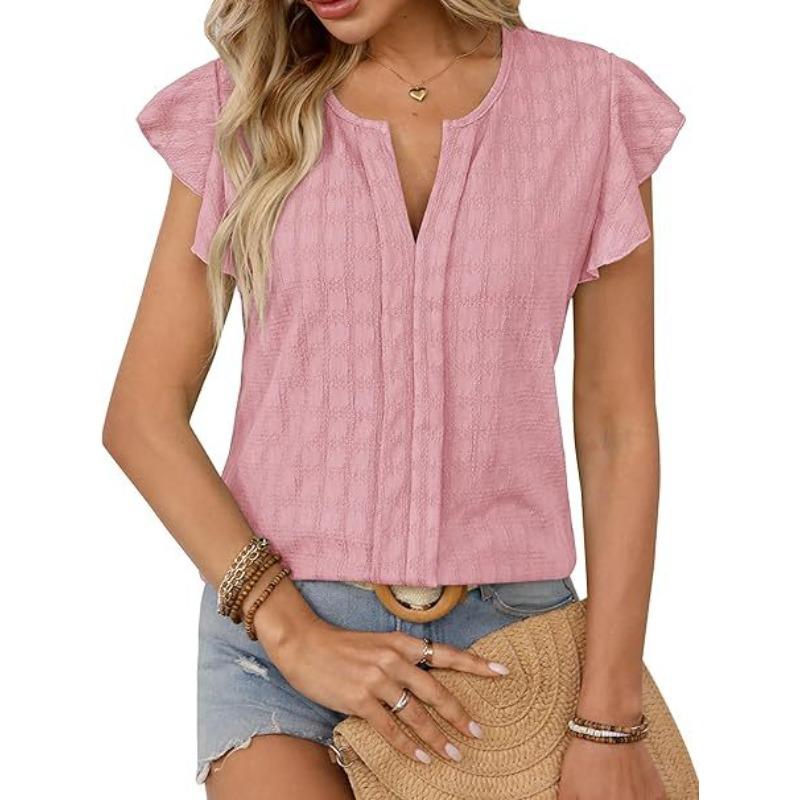 Summer Jacquard Checkered V-neck Top with Ruffle Sleeves Loose Short Sleeved Women's T-shirts