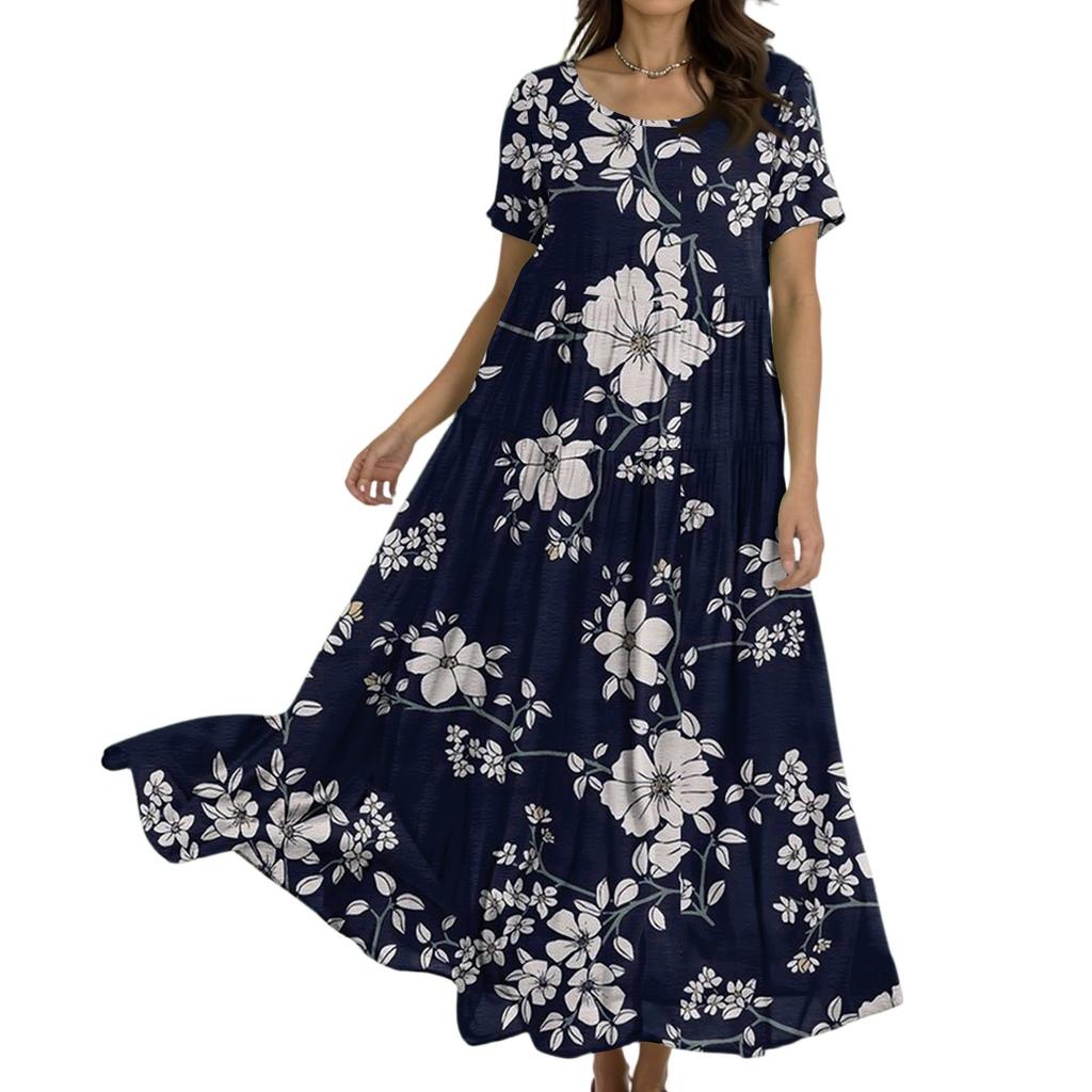 Women's Casual Loose Bohemian Floral Print Short Sleeve Dress