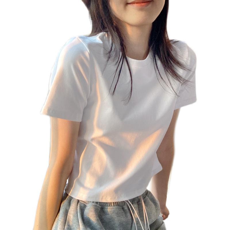High and Thin White Short-sleeved T-shirt Women's Slim-fitting Short Round Neck Bottoming Shirt Versatile Casual Body Shirt Pure Cotton Top