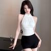 White Half-Turtleneck Sleeveless Halter Top with Built-in Pads—Slimming Seductive Sexy Backless Strappy Pleated Top