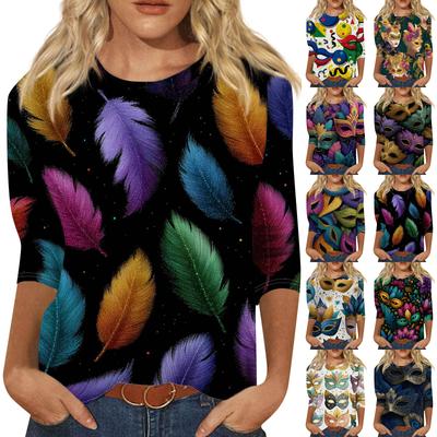 Damen Modisches Lässiges Dreiviertelarm Karnevals-Print Neck Top