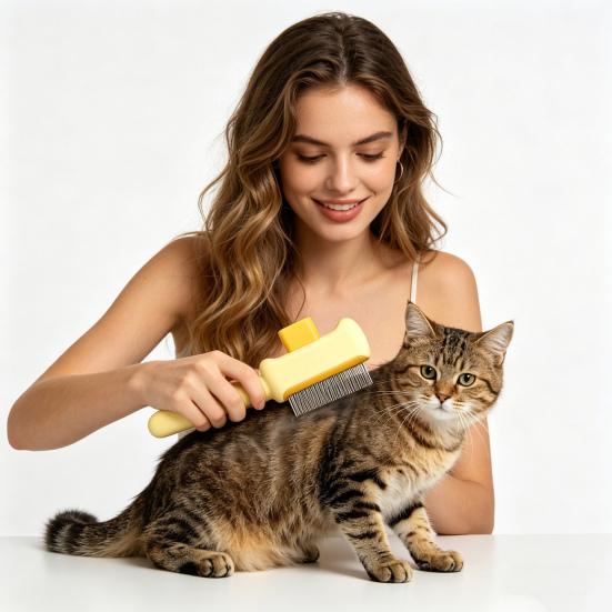 Self Cleaning Cat Brush Pet Grooming Comb with Stainless Steel Dense Teeth Detangling Comb Removes Loose Fur for Dogs Cats Flea