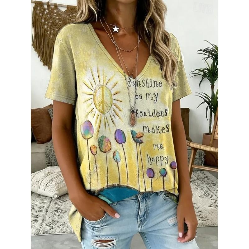 

Women s T Shirt Print Floral Graphic Plants Vintage Stylish Classic Short Sleeve V Neck Long Tops Summer Spring S