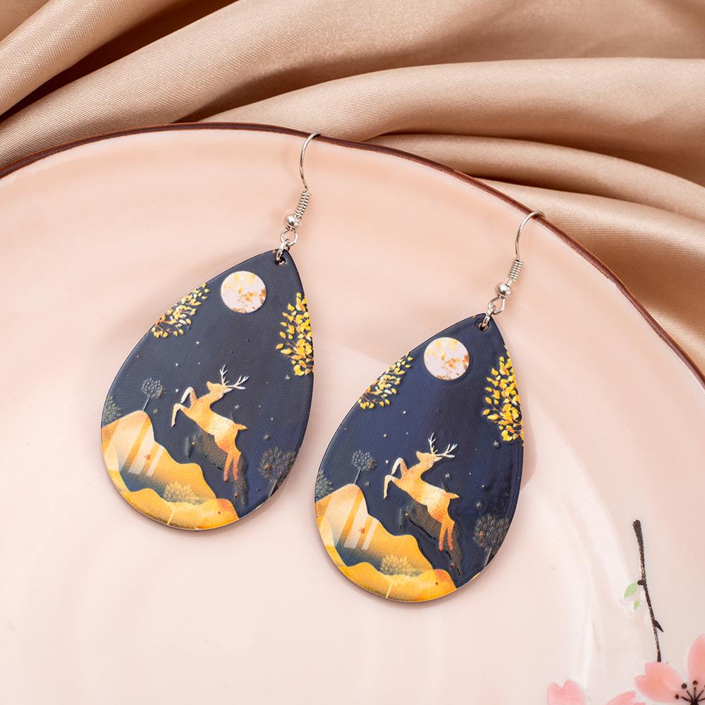 Gold Reindeer & Leaf Pattern Acrylic Teardrop Christmas Earrings for Women