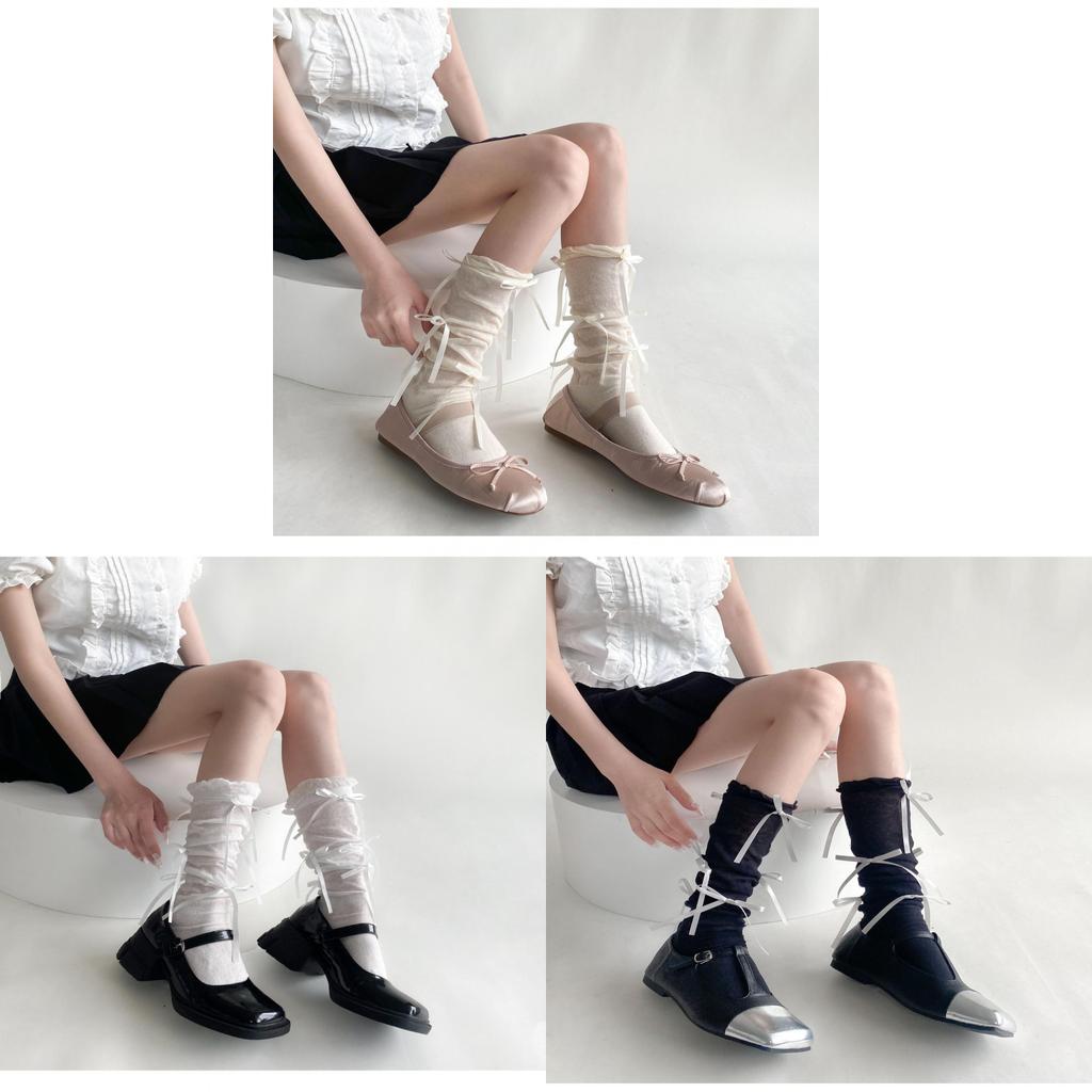 Ballet Ribbon Butterfly Knot Stockings With Mesh Knit For Spring Teen Girls