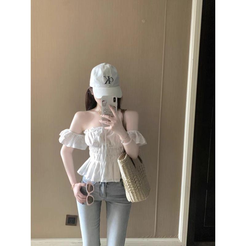 Kumikumi Pure Desire Style off-Shoulder Collar Pleat Shirts Women clothes Summer Lace-up Hollow off-Shoulder Slimming White Top