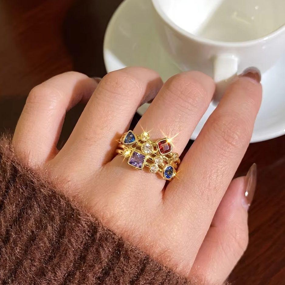 Vintage Geometric Colorful Zircon Rings For Women Luxury Gold Color Copper Knuckle Ring Female Wedding Party Charm Jewelry Gift