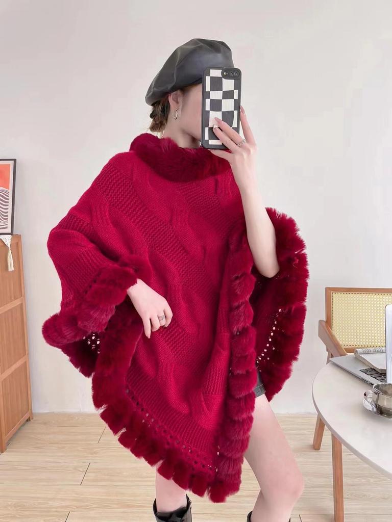 New Imitation Rabbit Fur Solid Color Pullover Cape Sweater Women'S Shawl Pullover Knitted Sweater