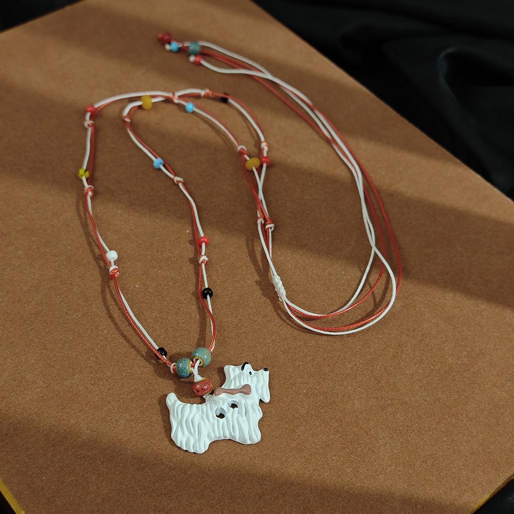 Cartoon Dopamine Color Puppy Beaded Braided Rope Necklace Light Luxury Niche Sweet Cute Collarbone Chain Female