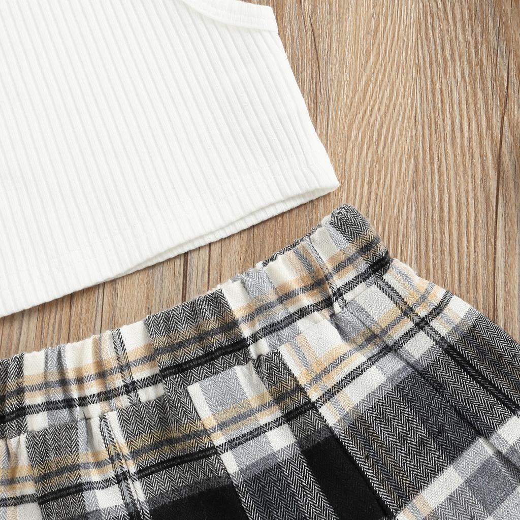 Sada dívčích oděvů pro batolata, jednobarevná žebrovaná tílka bez rukávů + elastická, kontrastní barevná plisovaná sukně v pase