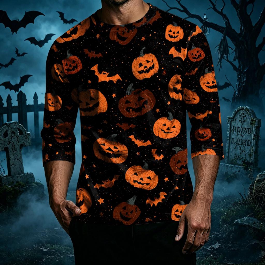 Men's Casual Halloween Printed Crew Neck T Shirt Three Quarter Sleeve Top Suitable for Seasonal Wear and Everyday Use
