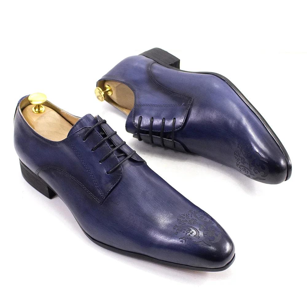 Fashion Classic Men's Genuine Cow Leather Derby Wedding Dress Shoes EU Size 38-47 Lace-Up Pointed Toe Handmade Business Formal Footwear