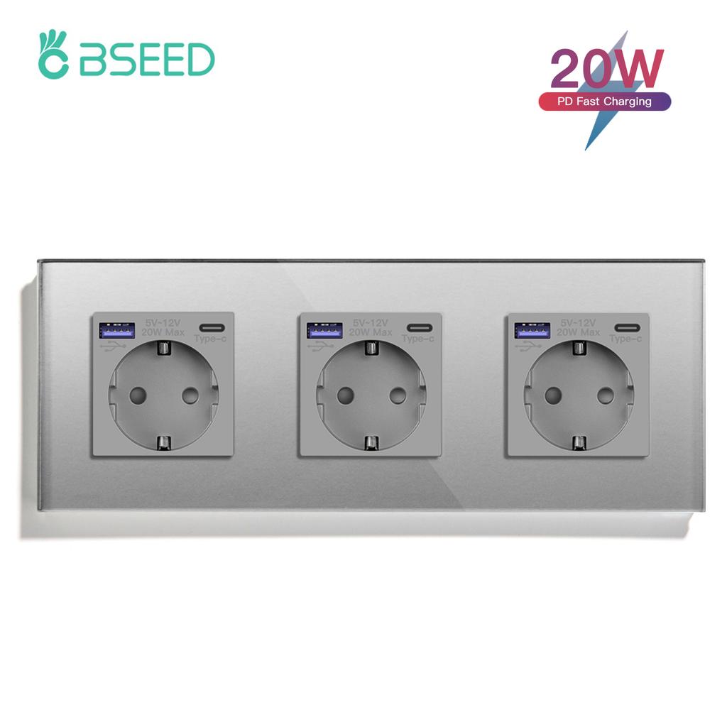 BSEED 1/2/3pólový dotykový vypínač světla 1pólový senzorový vypínač se zásuvkou EU USB Type-C 20W rychlé nabíjení Modré podsvícení Skleněný panel