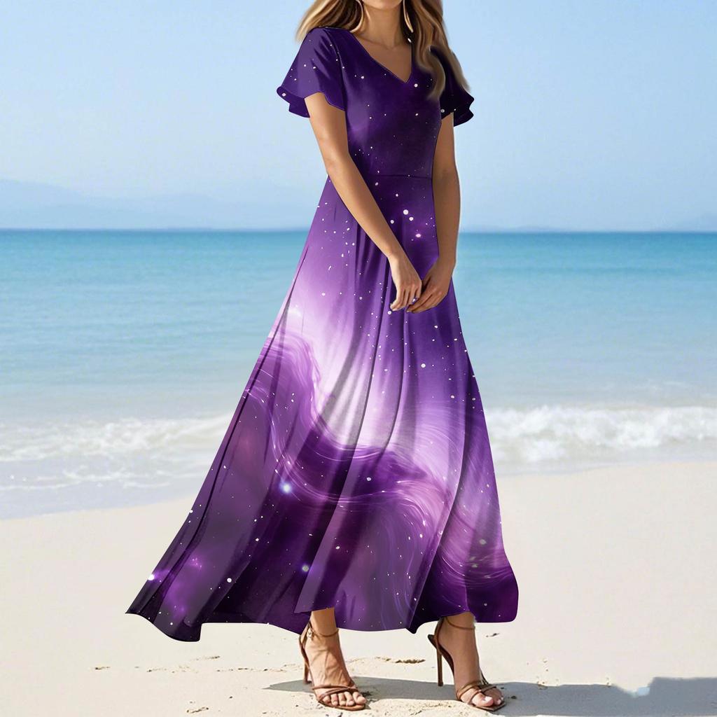 Women's Summer Casual Fashion -Print V-Neck Short-Sleeve Patchwork Dress