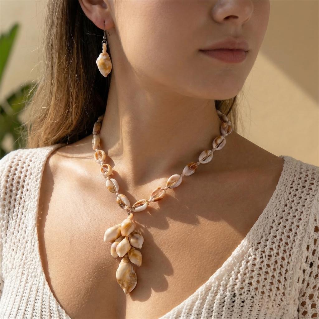 Creative Acrylic Sea Shell Necklace Earrings Set For Women Bohemian Conch Pendant Tassel Choker Beach Vacation Hawaiian Jewelry