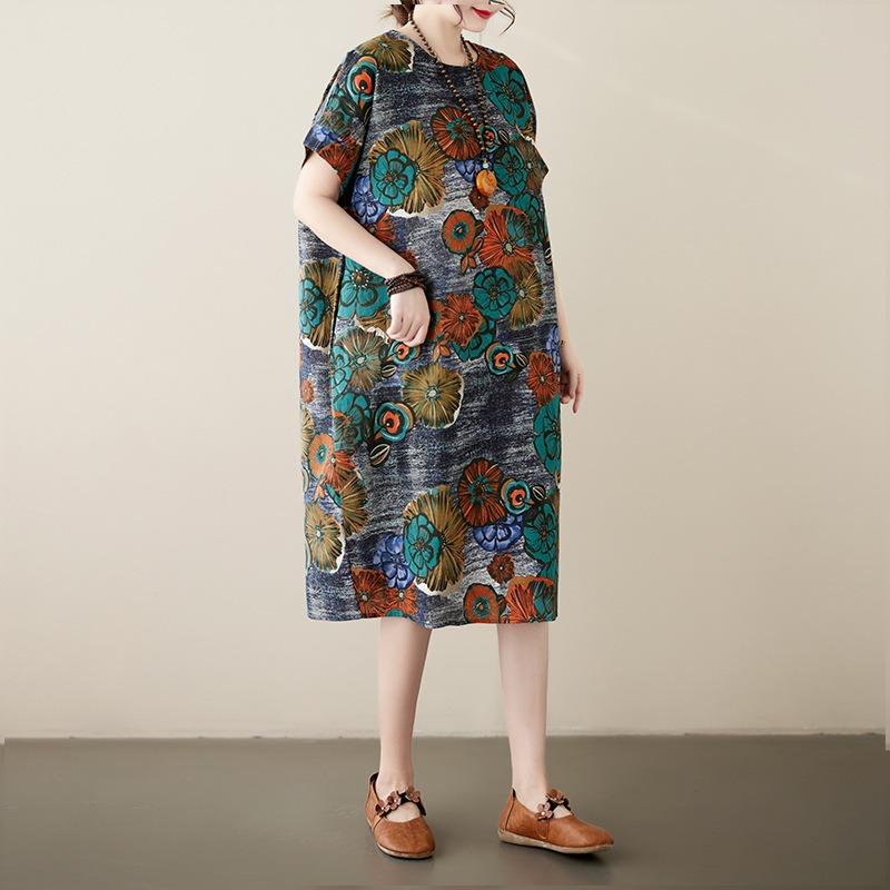 Letní květinový potisk Délka ke kolenům Bavlněné šaty Umění Retro Art Šaty s krátkým rukávem s krátkým rukávem
