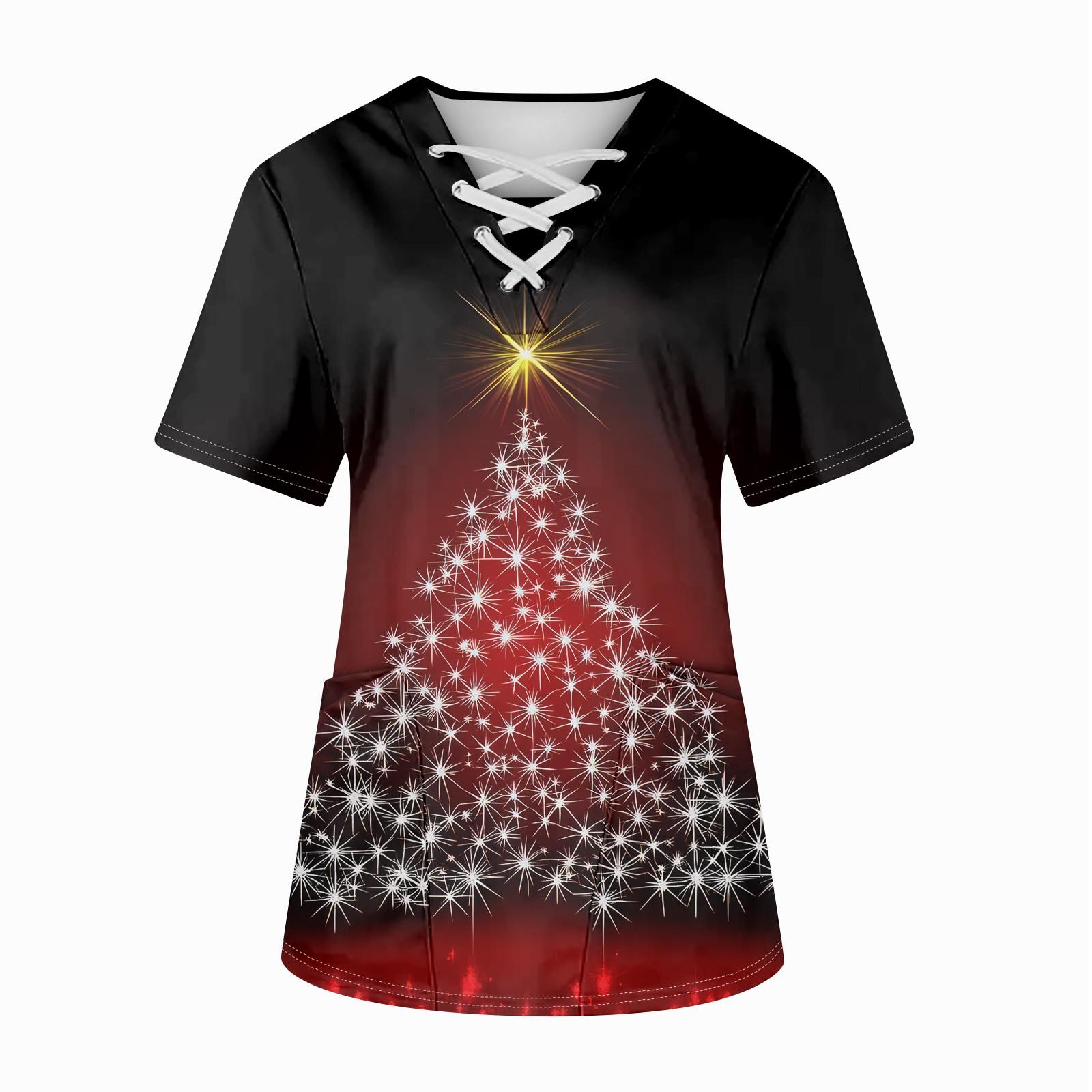 

Плюс размерСкраб с принтом Рабочая форма Топы для женщин Крест V-образным вырезом Хэллоуин Принт с короткими рукавами Забавные футболки Спецодежда Футболка с карманами XL винный