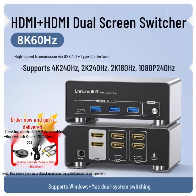 Youlian 8K Dual Screen HDMI/DP KVM Switch - 2-in 2-out, 4K240Hz, High Refresh Rate for Two Computers