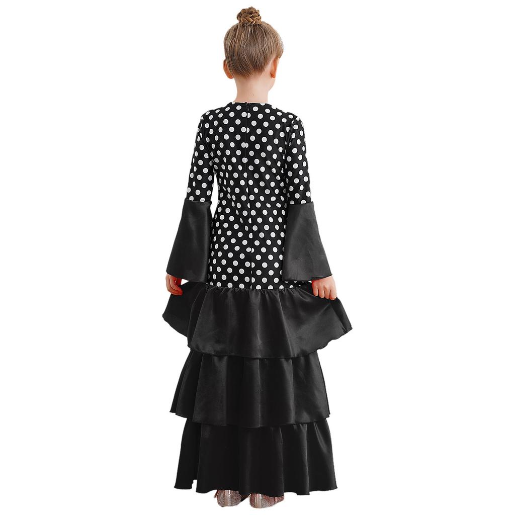 Girls Spanish Flamenco Dress Polka Dot Print Tiered Ruffles V Neck Dancewear