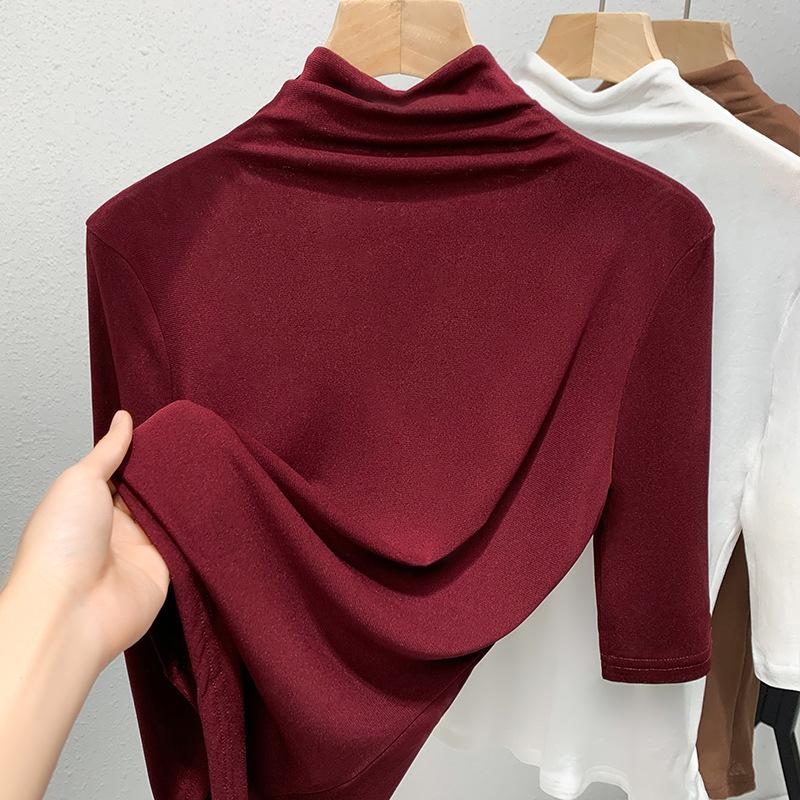 Damska koszulka bazowa z siateczki z półgolfem Nowa damska koszulka wewnętrzna w jednolitym kolorze Temperamentowy top z rękawem pięć punktów