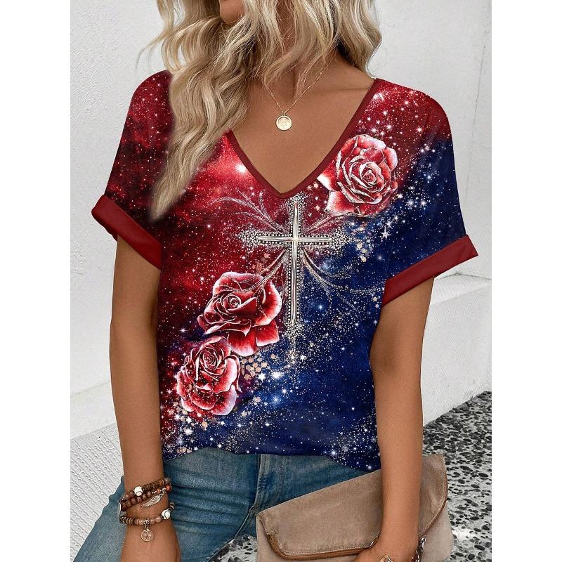 

Women s Floral Flag Print Vintage Casual T-shirt, V Neck Short Sleeve, Daily Weekend Vacation Wear, Blue Wine Green S