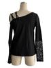 Autumn Asymmetric Crossed Shoulderless Design Lace Splicing T-Shirt Women's Long Sleeve Skinny Versatile Closet Essential Fashion Items Shirt