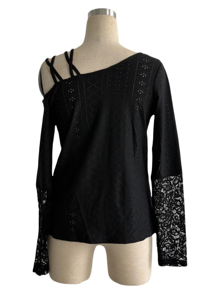 Autumn Asymmetric Crossed Shoulderless Design Lace Splicing T-Shirt Women's Long Sleeve Skinny Versatile Closet Essential Fashion Items Shirt
