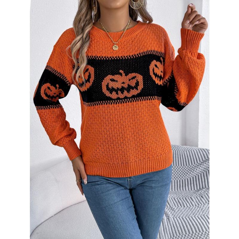 Autumn and Winter Women's Halloween Theme Pumpkin Head Clashing Colours Knitted Long Sleeve Pullover Sweater