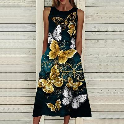 Mode d'été Sexy robe sans manches doux décontracté 3D papillon volant imprimé robe sans manches fronde robe d'été robe à bretelles