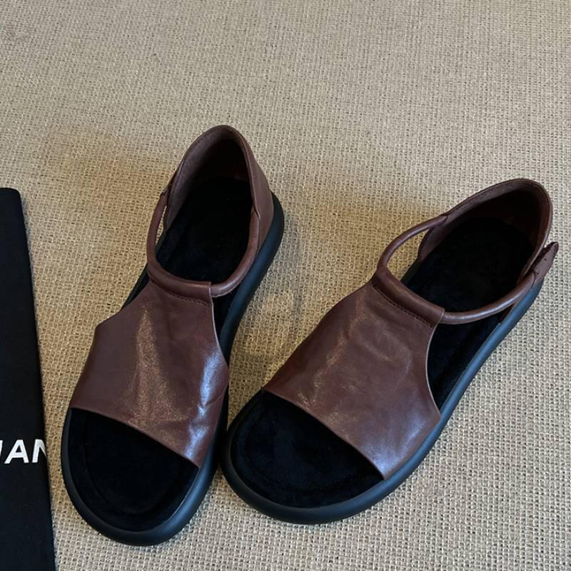 

Soft leather version~ retro casual hollowed-out open-toed sandals women s summer new versatile soft-soled heightening Roman shoes 40 коричневый