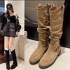 Western New Spring and Autumn Pleated Rad Cowboy Boots High Boots Stack 2025 Female Beauty Retro Thick Heel Boots Suede