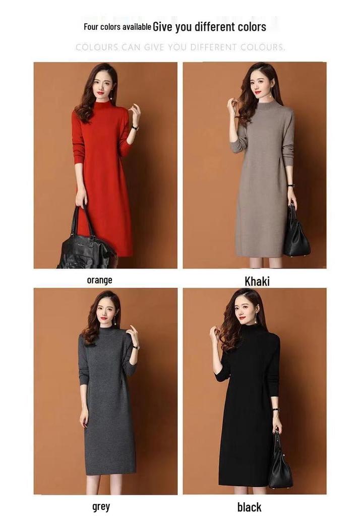 Women's Wool Knit Dress: Autumn/Winter Korean Style, Half-High Collar, Loose Fit, Medium-Long Skirt