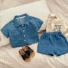 Summer Baby Denim Short Sleeve Pocket Top And Shorts Set For Boys And Girls 2 Piece Outfit