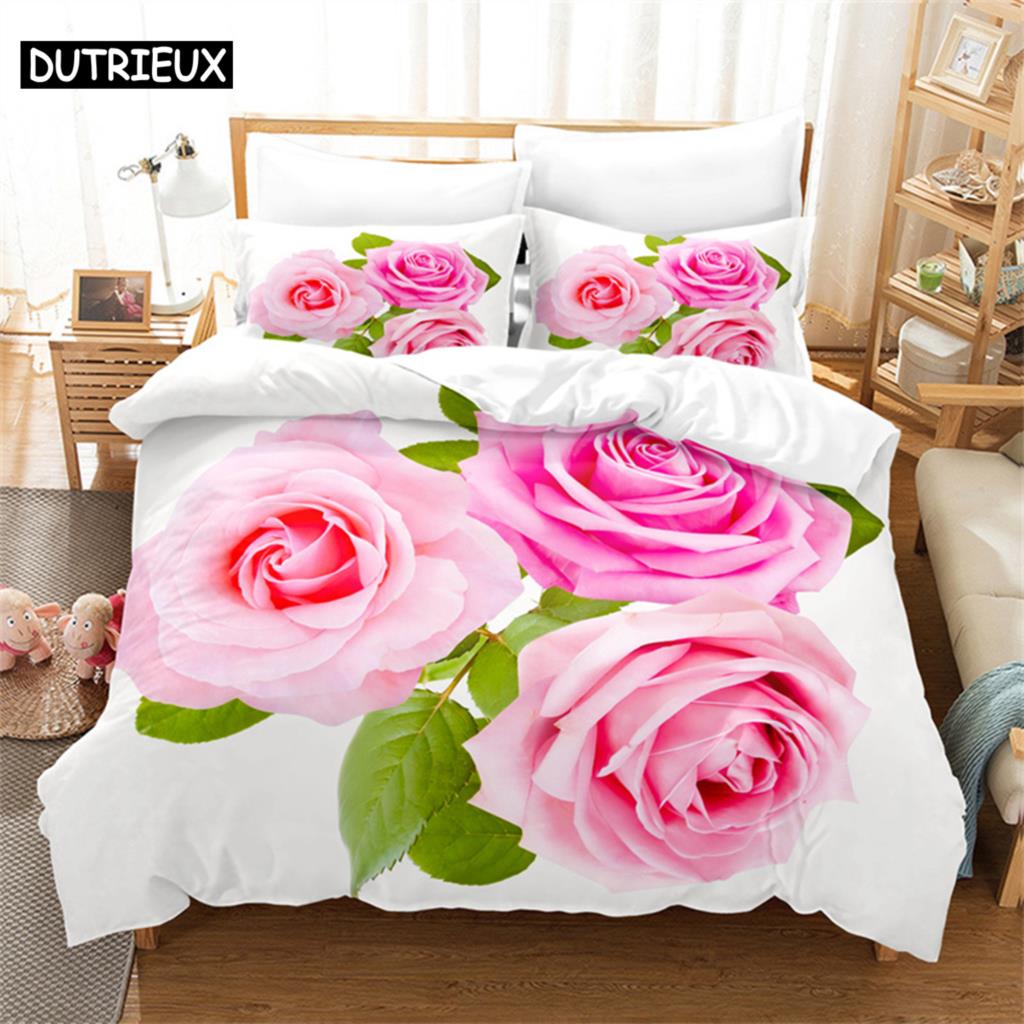 Pink Rose Queen Bedding Set Boys Girls Duvet Cover Bedroom Bed Set Comforter Cover Set King Size Duvet Cover Set Bedding Sets