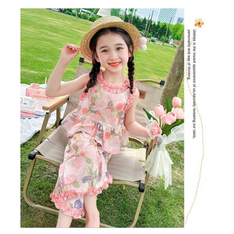 Blumiges Sommer-Weste-Set für Mädchen, Baby-Kinder-Pilzkanten-Zweiteiler