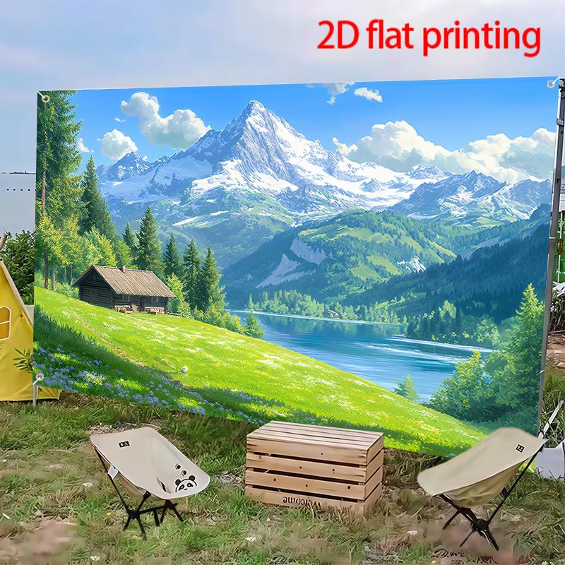 2D Plane, Large Mountain Lake Scenery Party Banner - Self-adhesive Background, Snow Peaks, Cabins and Grassland