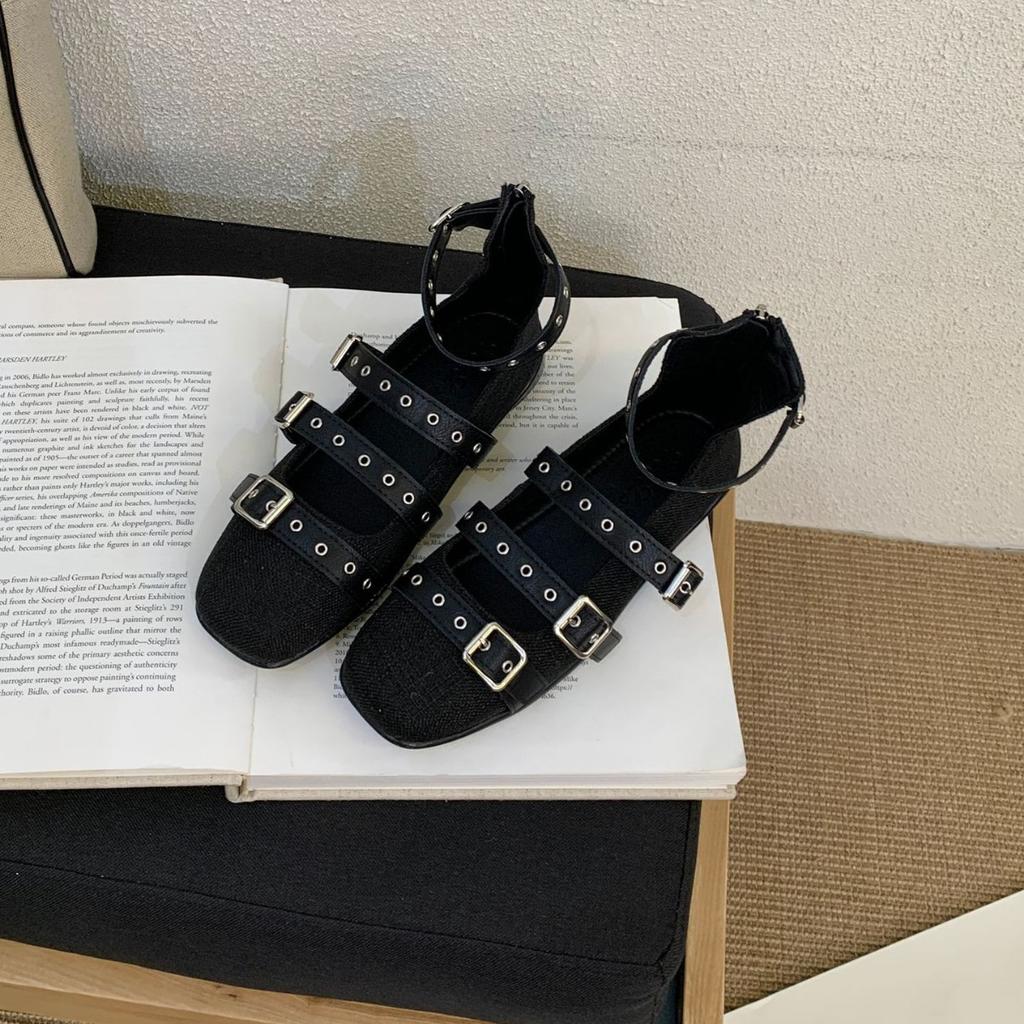 2025 new square head belt buckle shallow mouth soft sole college style versatile fashion women's single shoes