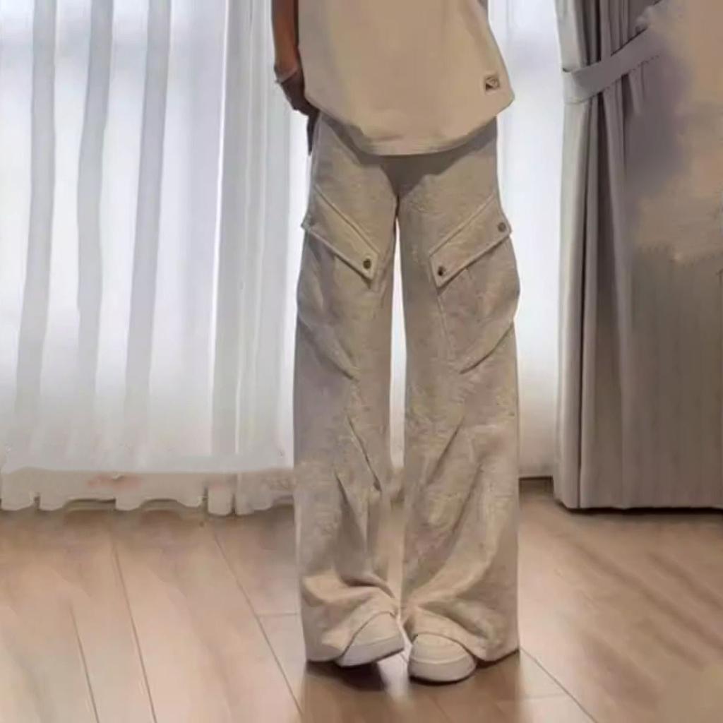 Vintage American High-Street Grey Sweatpants for Women - Spring Loose Straight-Leg Floor-Length Casual Wide-Leg Joggers