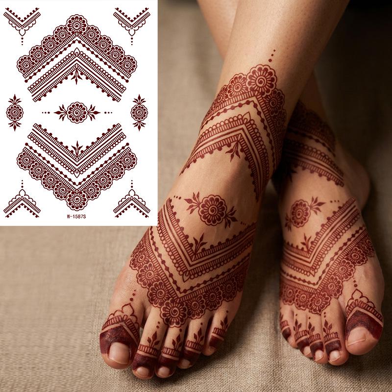 Tatuaggio pizzo a forma di croce marrone-rosso all'henné: Adesivo Floreale Impermeabile Mehndi per la Mano della Sposa.
