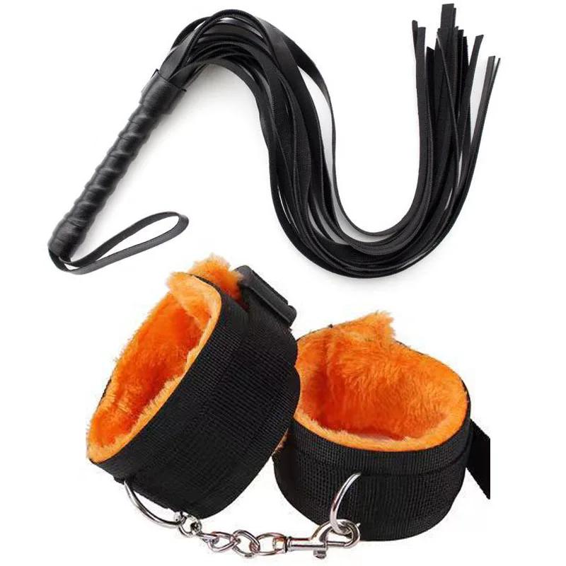 44cm PU Leather Whip Flogger Plush Nylon Plush Sex Handcuffs Bondage Exotic Accessories Toys For Couples Adults Games