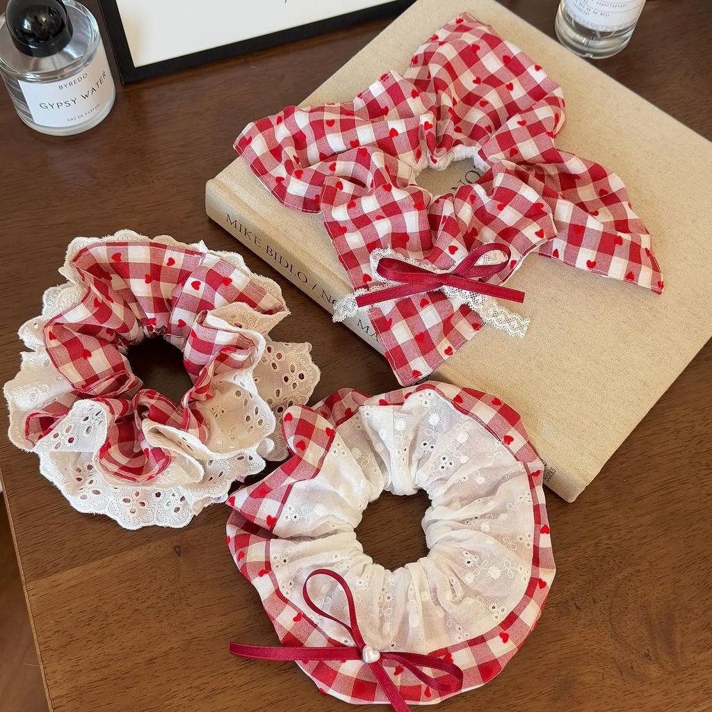 Women's Scrunchies Sweet Style Red Checkered Heart Shaped Hair Band Sweet Lace Hair Hair Tie Square Scarf Hair Tie Leather Band