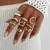 Salircon 9Pcs/Set Punk Glossy Hollowout Open Rings for Women Vintage Gold Color Adjustable Finger Rings Party Set Jewelry Gift