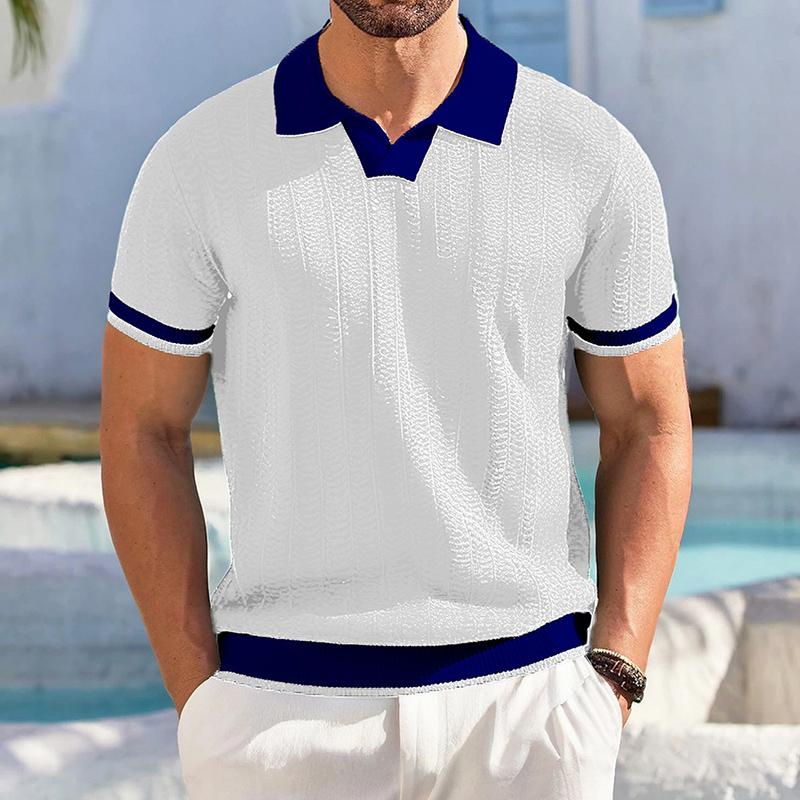 Sommermode Kontrastfarbe Gestricktes Poloshirt Herren Lässig Umlegekragen Strickoberteile Herren Vintage Kurzarm Pullover