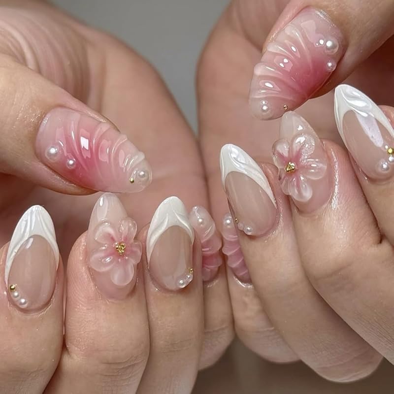 Flower Press on Nails Short Almond Fake Nails Spring Summer Nails Shell French Tip False Nails Press ons with Pearl Design Glossy Acrylic Reusable