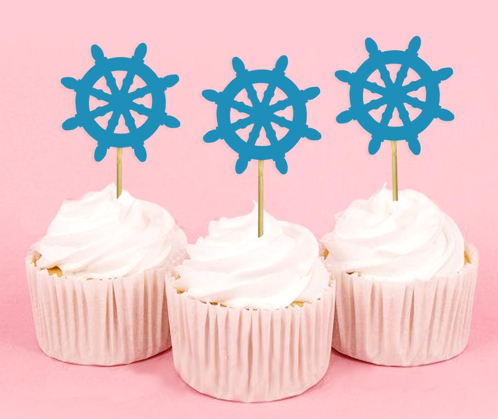 Darling Souvenir| Ship Wheel Cupcake Toppers| Beach Wedding Party Dessert Decorations - Pack Of