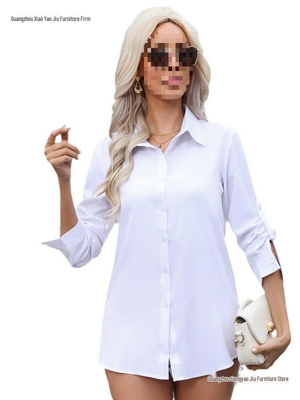 Women's White Chiffon BF Style Loose Mid-Length Long Sleeve Shirt