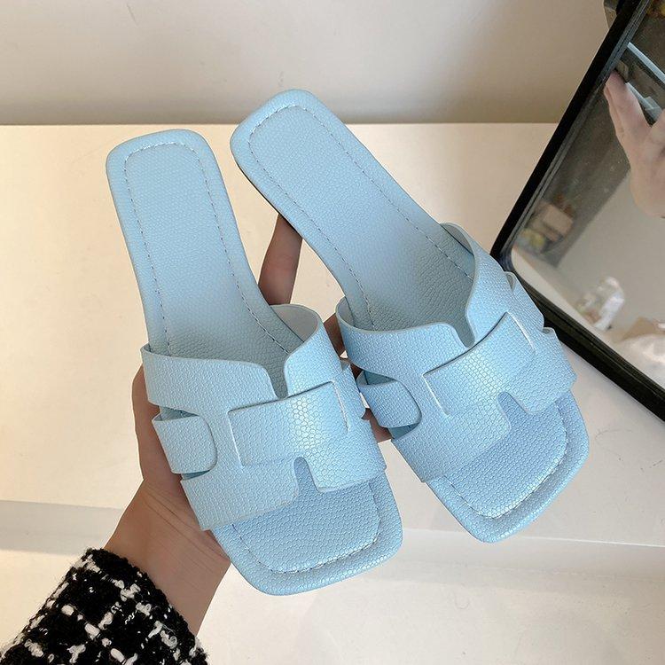 Korean version of solid color flat-bottomed slippers women's slippers European and American square head breathable one pedal home slippers women